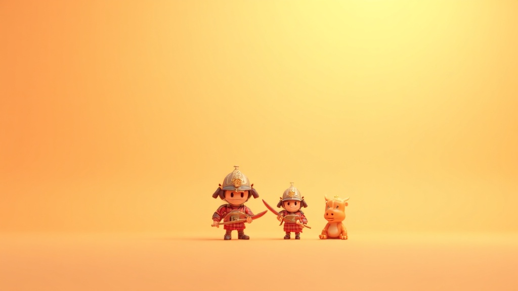Pixar-style cartoon image of friendly samurai characters learning history about Japan.