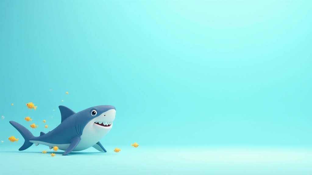 Cartoon illustration of a friendly shark swimming with fish