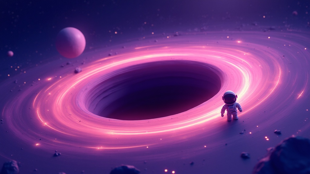 Cartoon illustration of a mysterious black hole with a glowing ring for kids.