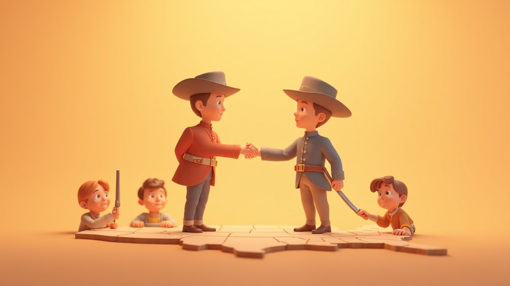 Cartoon illustration of Union and Confederate soldiers shaking hands across a map for a Civil War podcast for kids article.