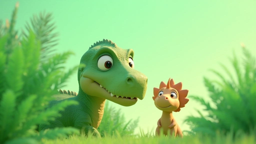 Friendly cartoon T-Rex and Triceratops for a kids dinosaur podcast article