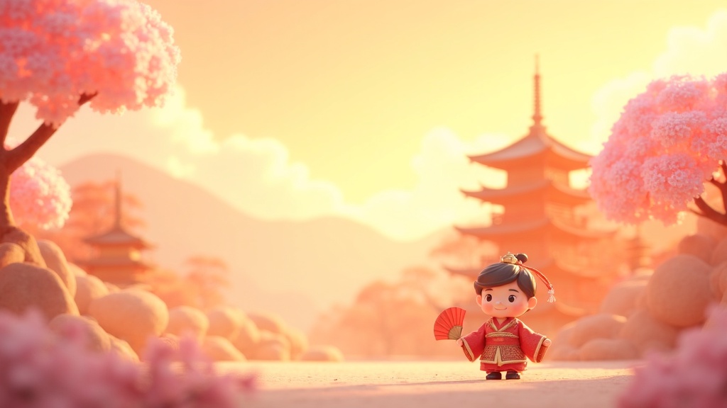 Cartoon illustration of Japanese samurai and temples for a kids history podcast about Japan.