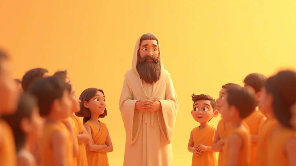 Cartoon illustration of a friendly teacher telling stories to curious kids about the history of Jesus.