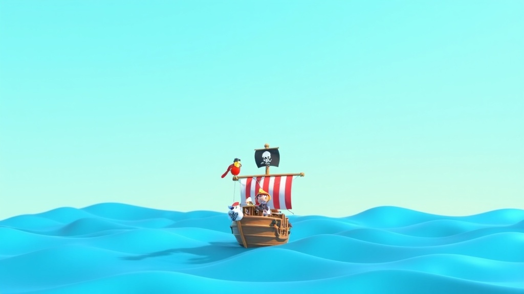 Pixar-style illustration of a friendly pirate ship and parrot for a kids podcast about pirates.