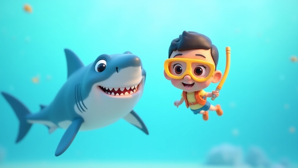 Cartoon illustration of a friendly shark and a kid learning about sharks for kids.