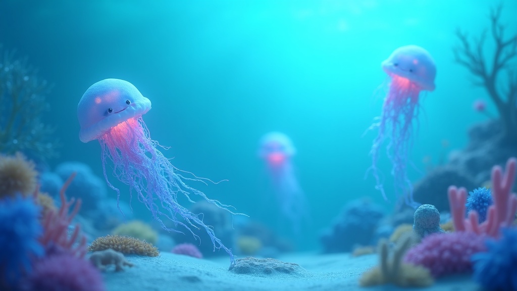 Cartoon submarine exploring the deep ocean with glowing sea creatures for kids podcast article.