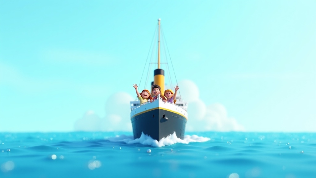 Cartoon illustration of the massive Titanic ship on its maiden voyage for a kids' history podcast article.