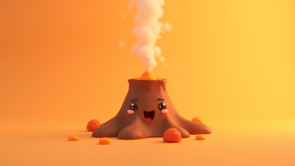 Cartoon illustration of a friendly, smoking volcano with cute lava blobs.