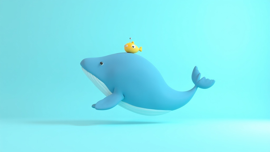 Cartoon blue whale and a small submarine to represent the kids podcast about whales topic.