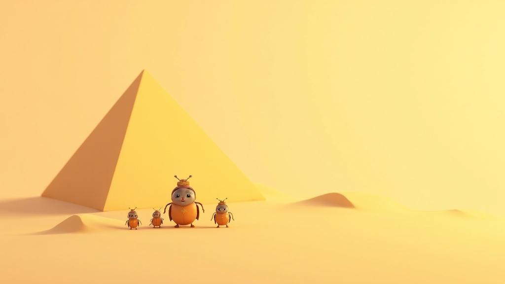 Cartoon illustration of an ancient Egyptian pyramid, pharaoh's mask, and hieroglyphs for a kids' history podcast article.